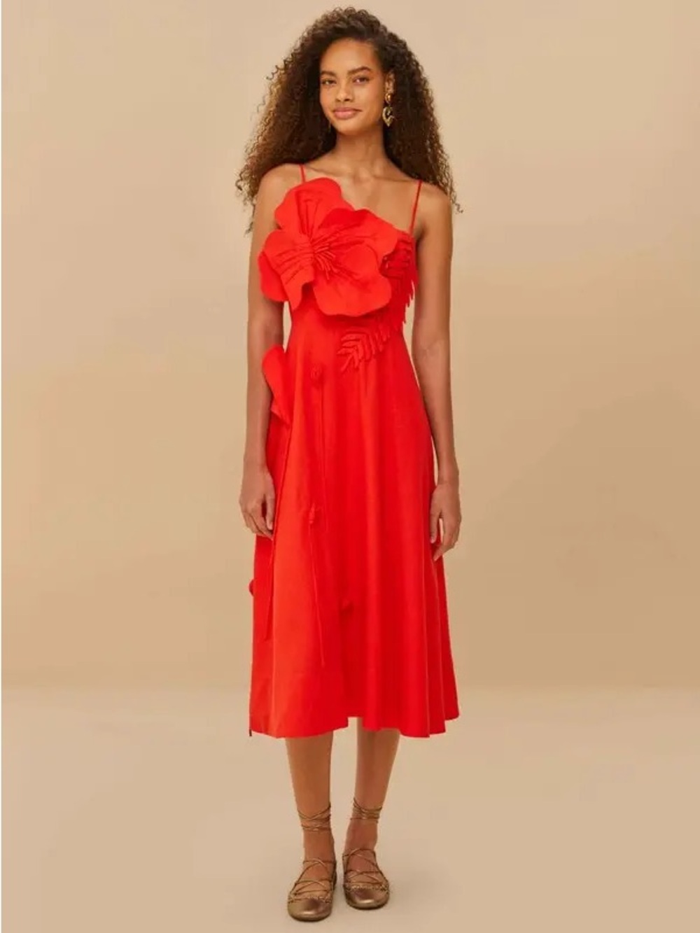 Farm Rio Garden Appliqué Linen Blend Midi Dress Red Floral 3D